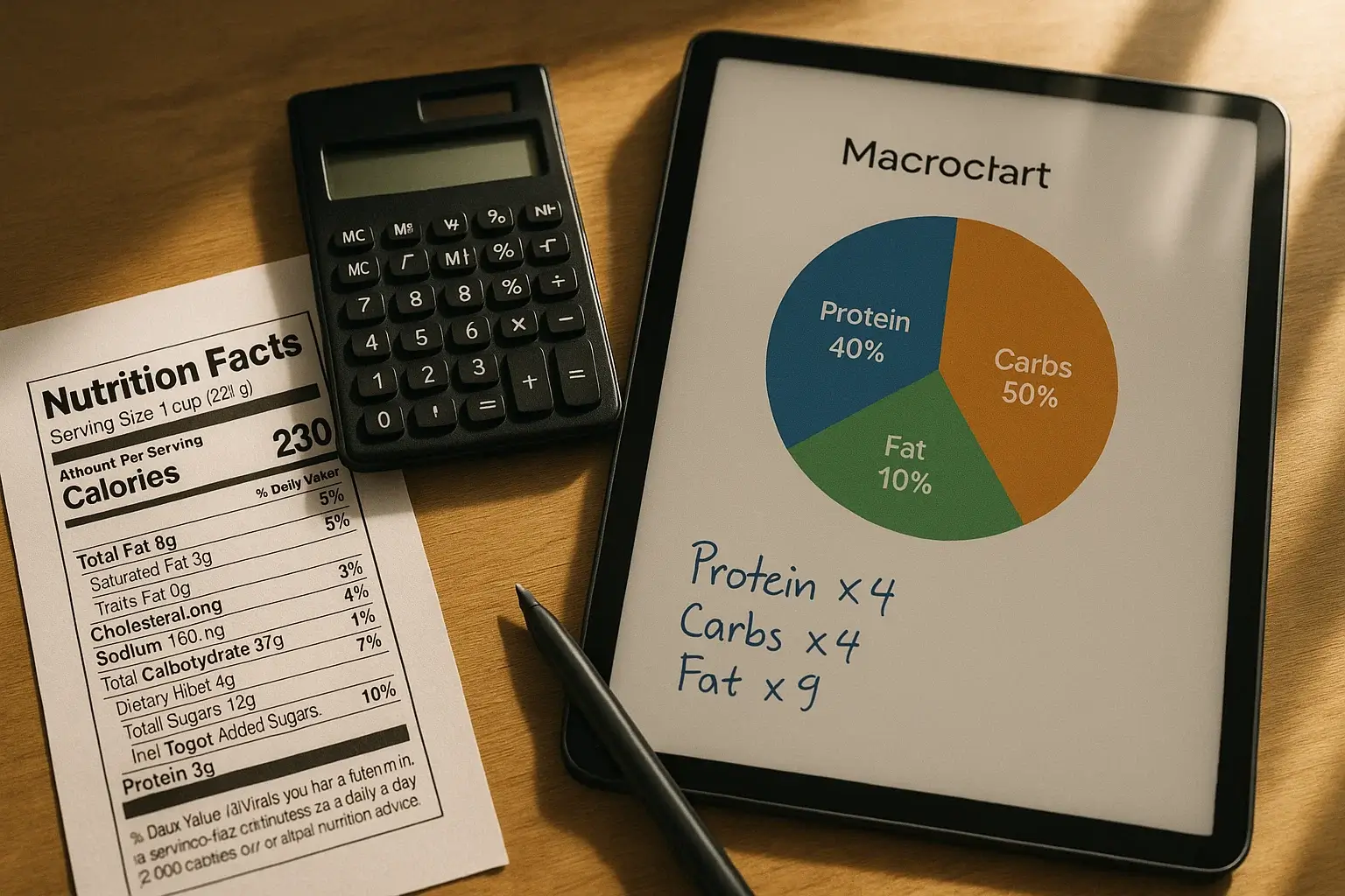Charts and a nutrition table on a screen with a checkmark.