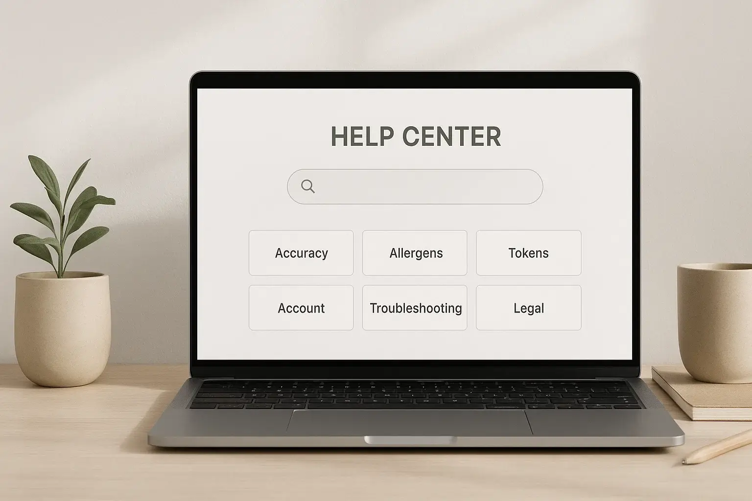 Clean help-center illustration with search bar and category cards.