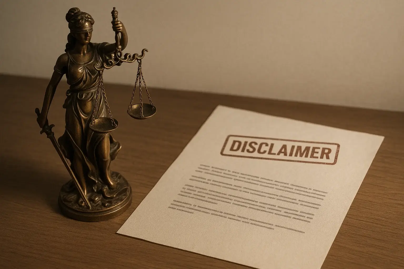 Scales of justice beside a document with a disclaimer ribbon.