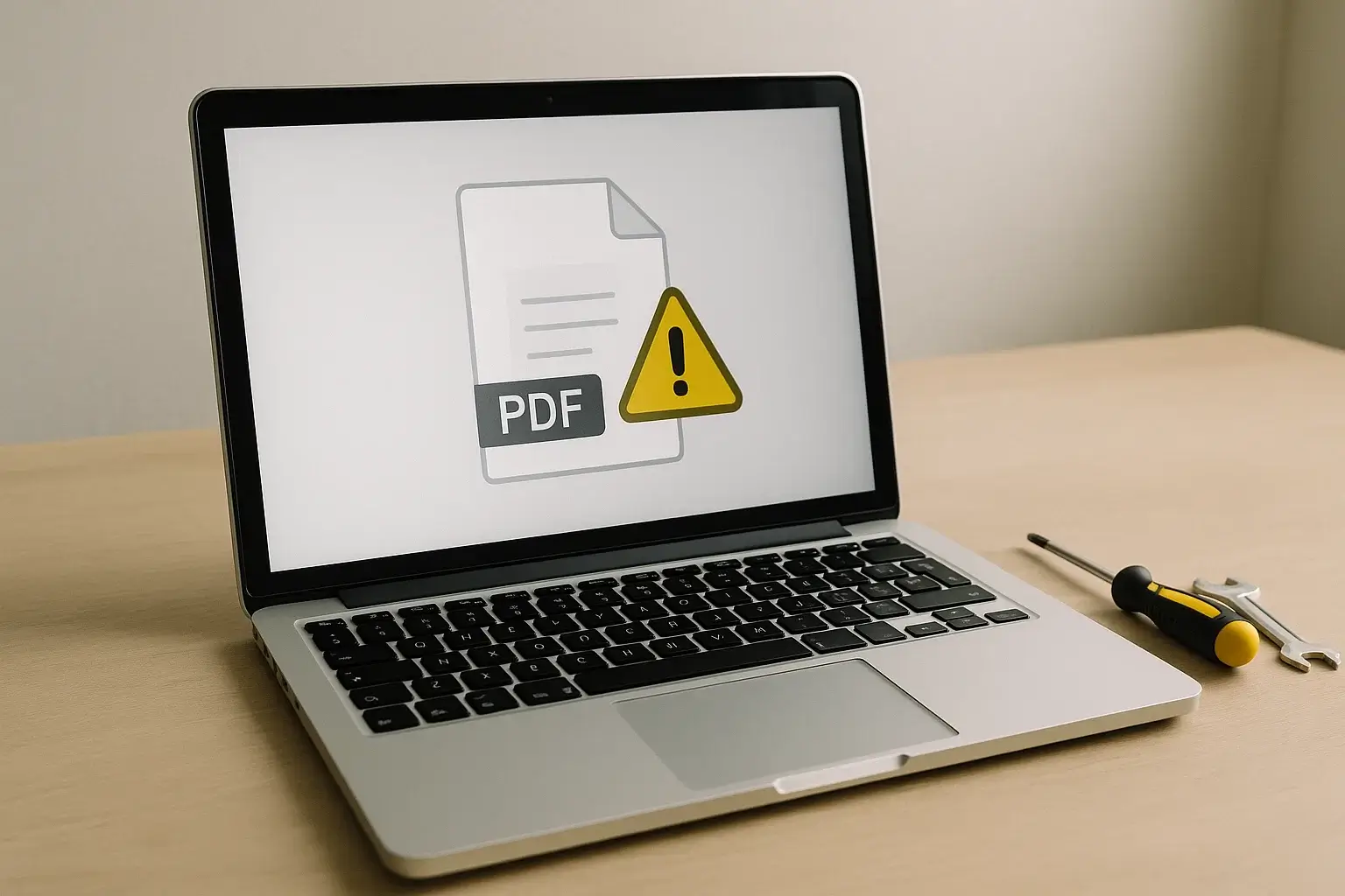 Wrench and document next to a laptop with a warning badge.