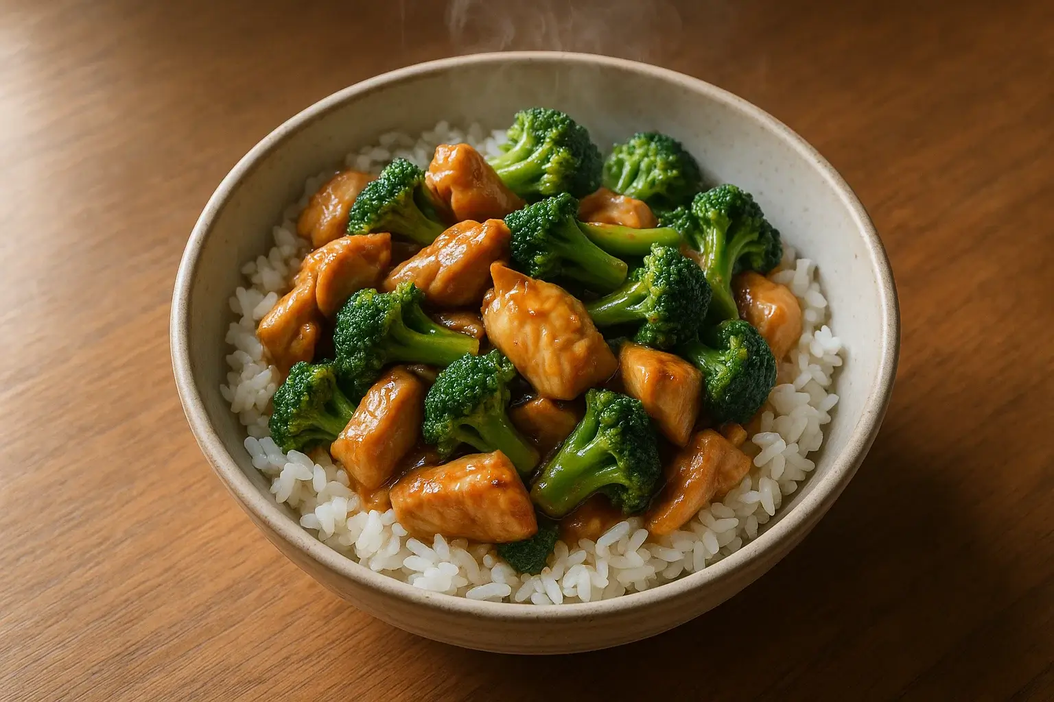 Chicken and broccoli bowl served over rice with lemon wedges