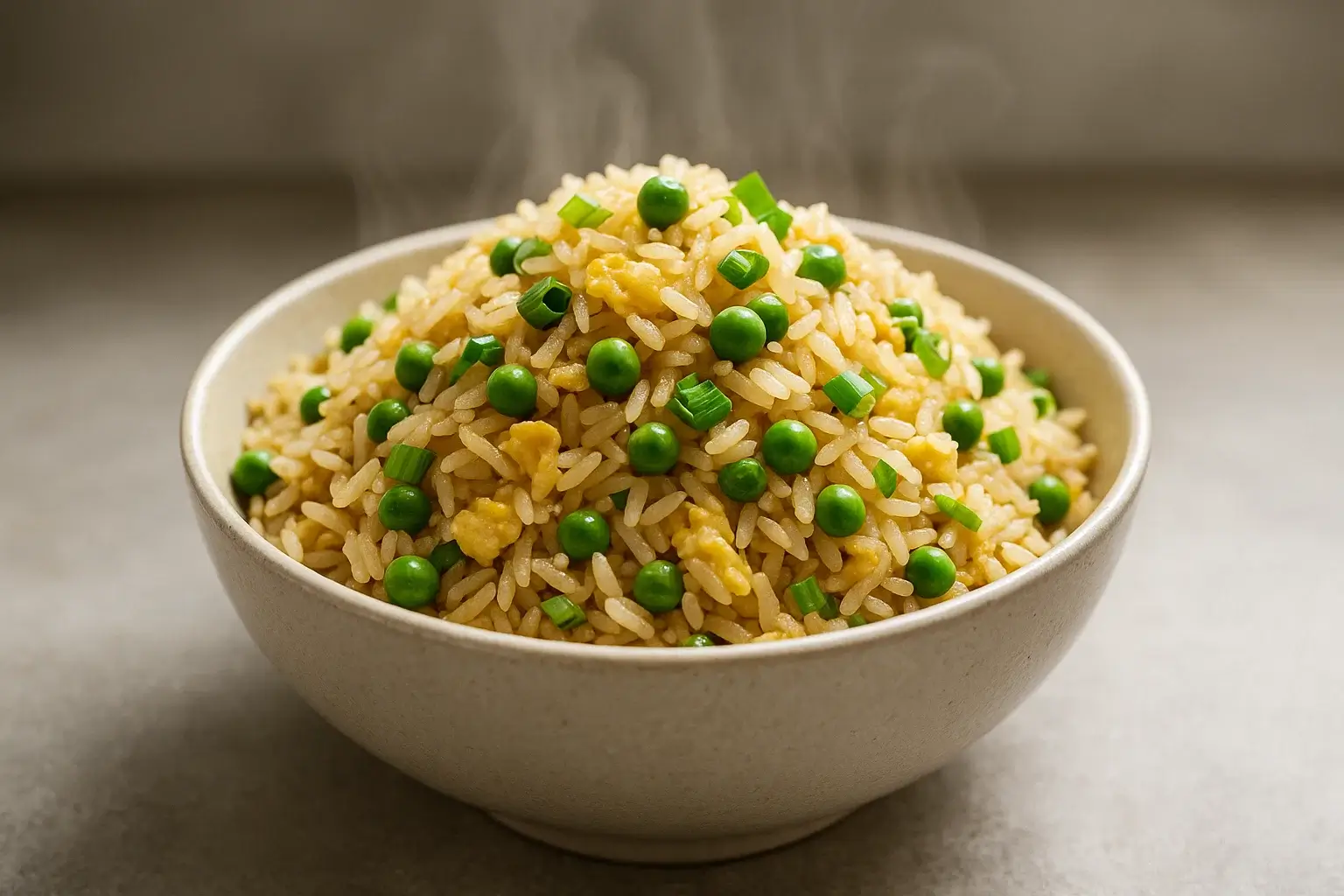 Egg fried rice in a bowl with green onions