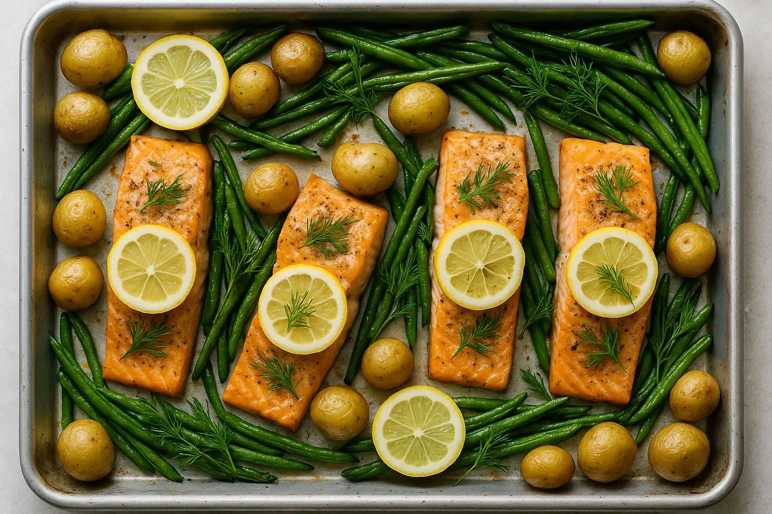 Traybake salmon with potatoes and asparagus