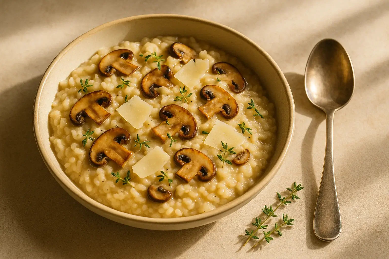 Creamy mushroom risotto in a bowl with parmesan