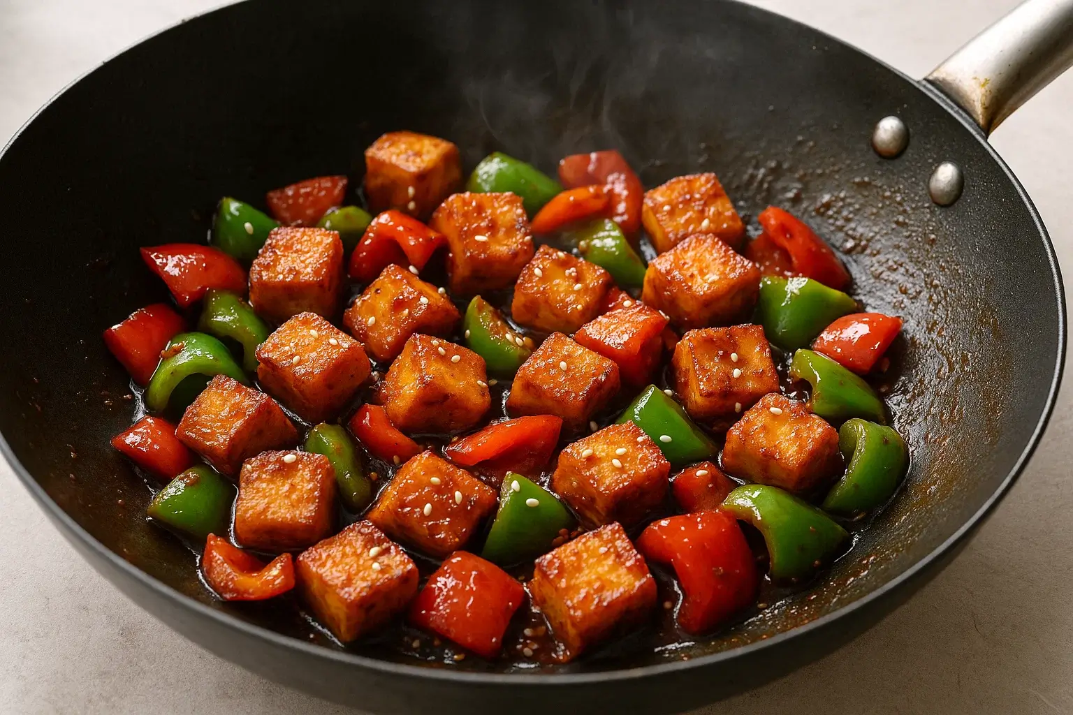 Spicy tofu stir fry with peppers and sesame seeds
