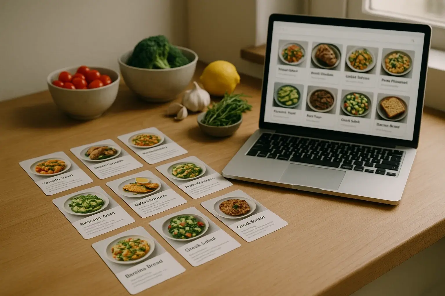 Recipe PDF previews arranged on a kitchen table