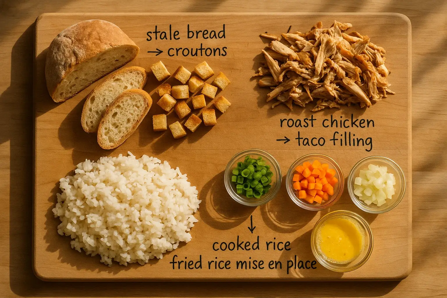 Stale bread converted into croutons, leftover proteins repurposed.